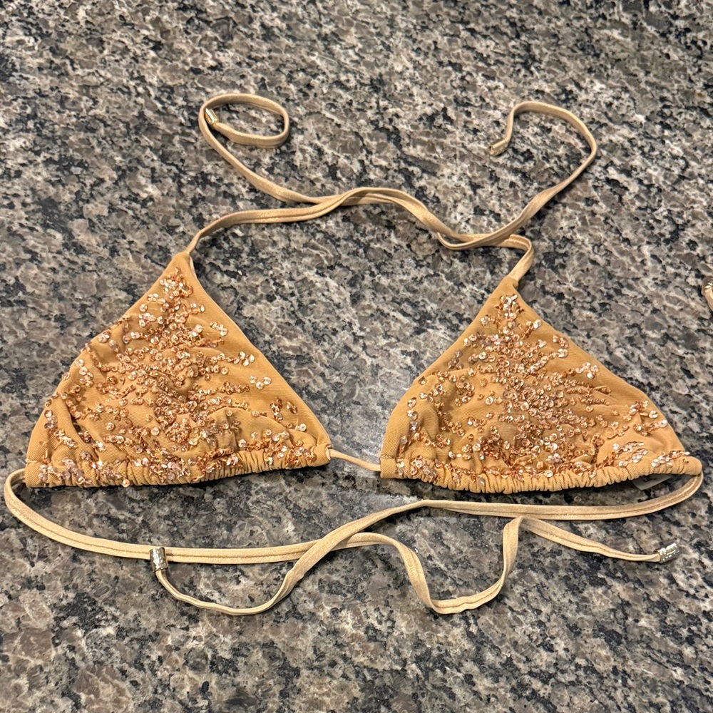 PRE-OWNED Beach Bunny Mustard Gold Embellished Triangle Bikini Top